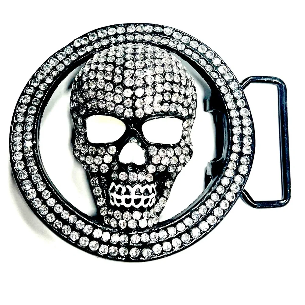 Silver Black Rhinestone Skull Mens Fashion Belt Buckle